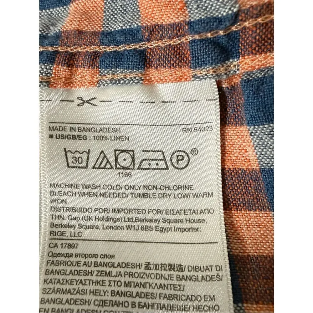 Banana Republic Camden Fit Shirt Men Sz M Blue Pink Check 100% Linen Long Sleeve